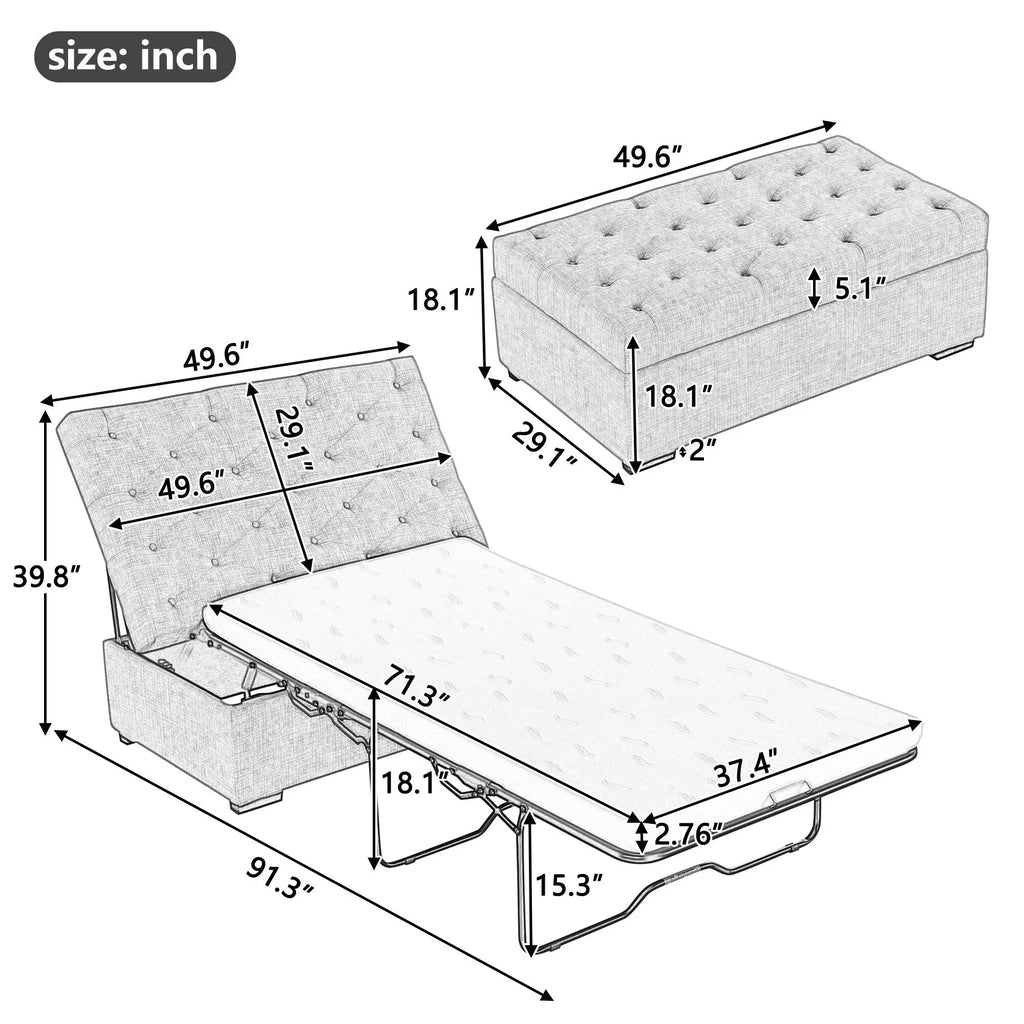 Folding Sofa Bed, 49.6 Ottoman with a Folding Sofa Bed, Convertible Ottoman Sleeper with Memory Mattress and Tufted Design