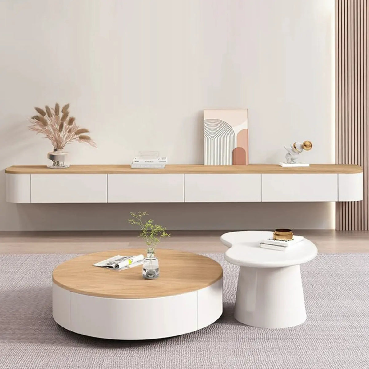Contemporary Long White Wood Floating TV Stand with Drawers