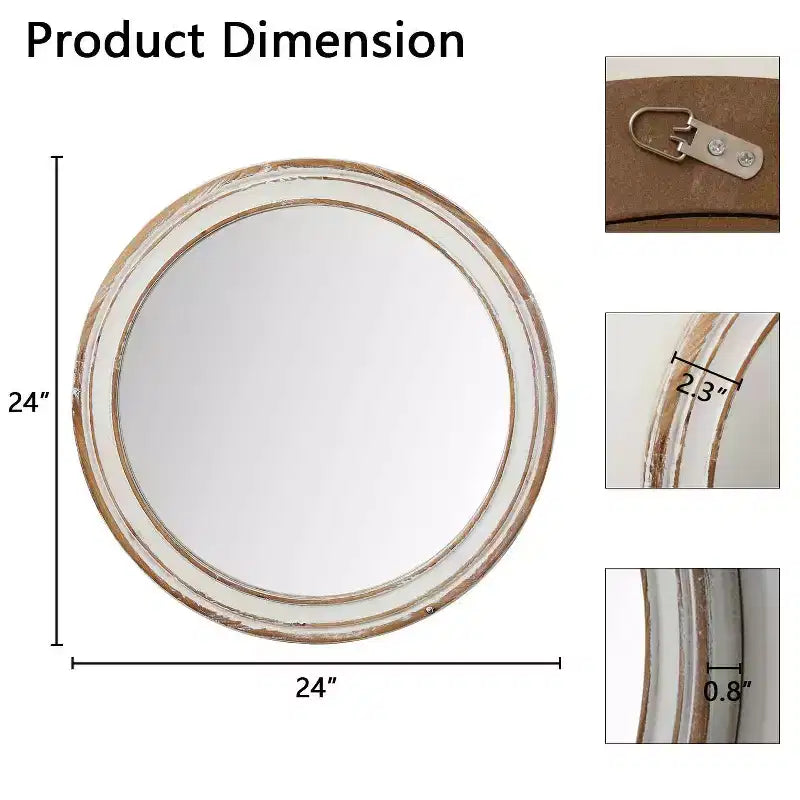 MAYEERTY 24 inches Wooden Farmhouse Round Wall Mirror for Bathroom Vanity Bedroom Living Room Kitchen Office