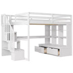 Full Size Loft Bed with Stairs and Desk, Wood Loft Beds Frame with Storage Drawers and Bookcase Shelves for Adults Teens Kids