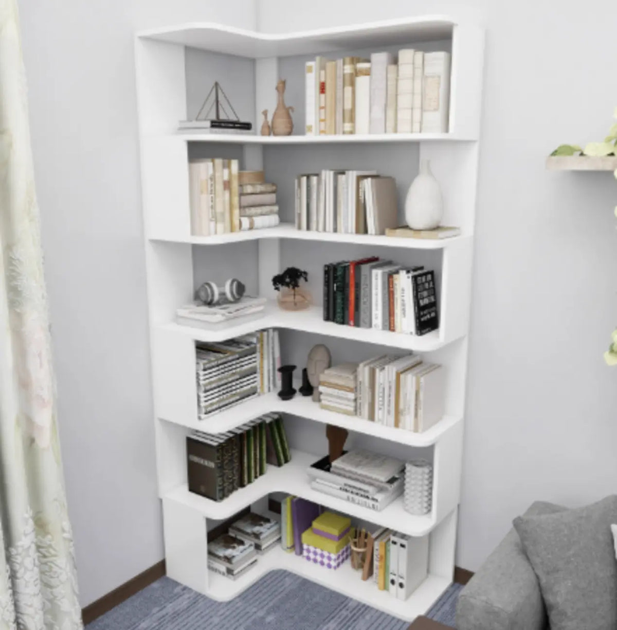 Manufactured Wood Corner Bookshelf with 6 Shelves