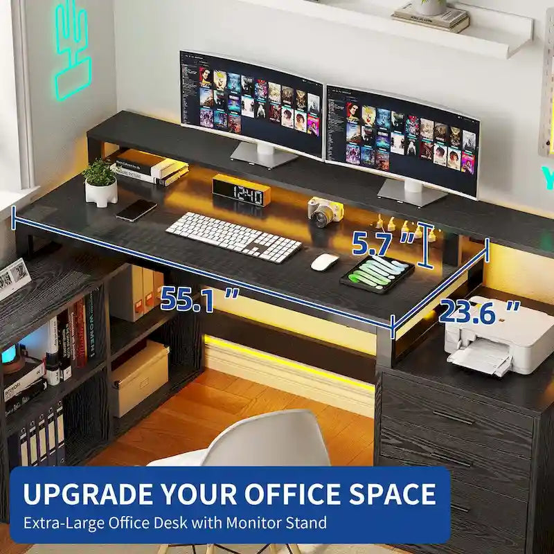65 L-Shaped Corner Desk with RGB LED, Monitor Stand & Storage Cabinet â€?1-Person | White / Oak / Charcoal Grey / Black