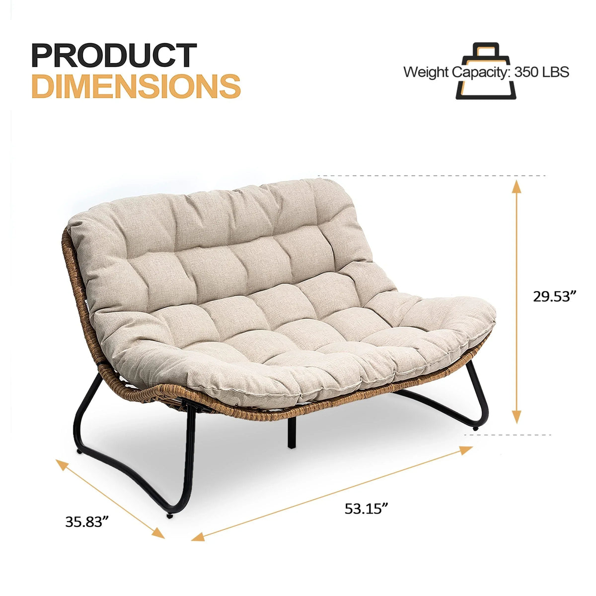 Double Papasan Chair Loveseat with Cushion, All-weather PE Rattan and Metal Frame for Indoor Outdoor