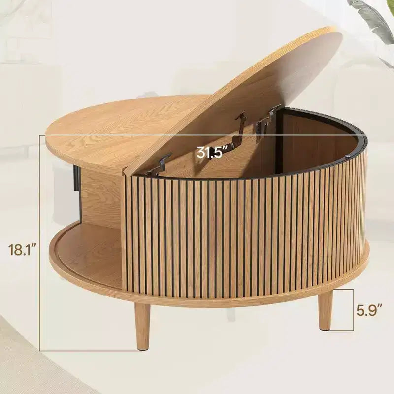 NAYSAYE Round Coffee Table with Storage, 31.5 Fluted Center Table for Living Room, Modern Walnut Wood Circle End Table for Small Space
