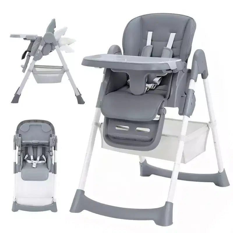 Foldable High Chair for Babies&Toddlers,PU Leather Highchair with Adjustable Backrest,Seat Height,Removable Tray,5-Point Safety Harness&Locking Wheels