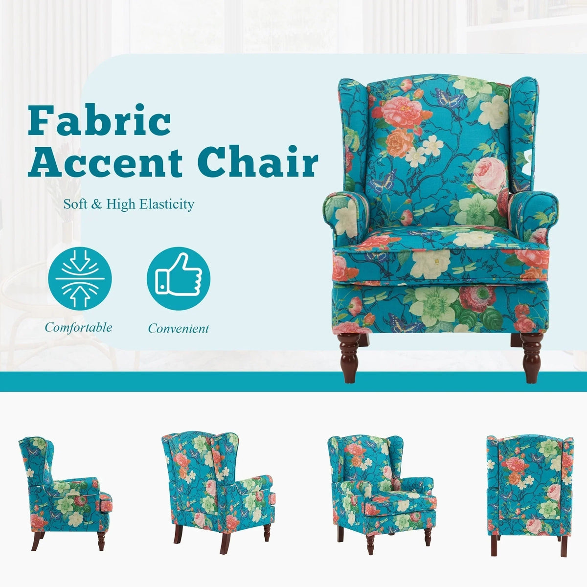 Erommy Modern Accent Chair, High Back Armchair, Upholstered Fabric Button Single Sofa with Wooden Legs for Living Room
