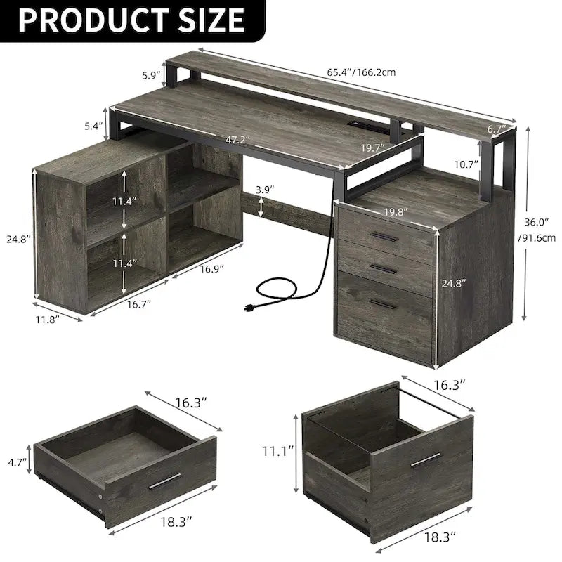 65 L-Shaped Corner Desk with RGB LED, Monitor Stand & Storage Cabinet â€?1-Person | White / Oak / Charcoal Grey / Black