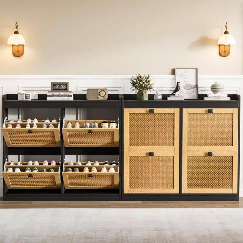 Shoe Storage Cabinet with 4 Flip Drawers, Wood Shoe Cabinet with Rattan Doors and Adjustable Shelves- Freestanding Shoe Organizer