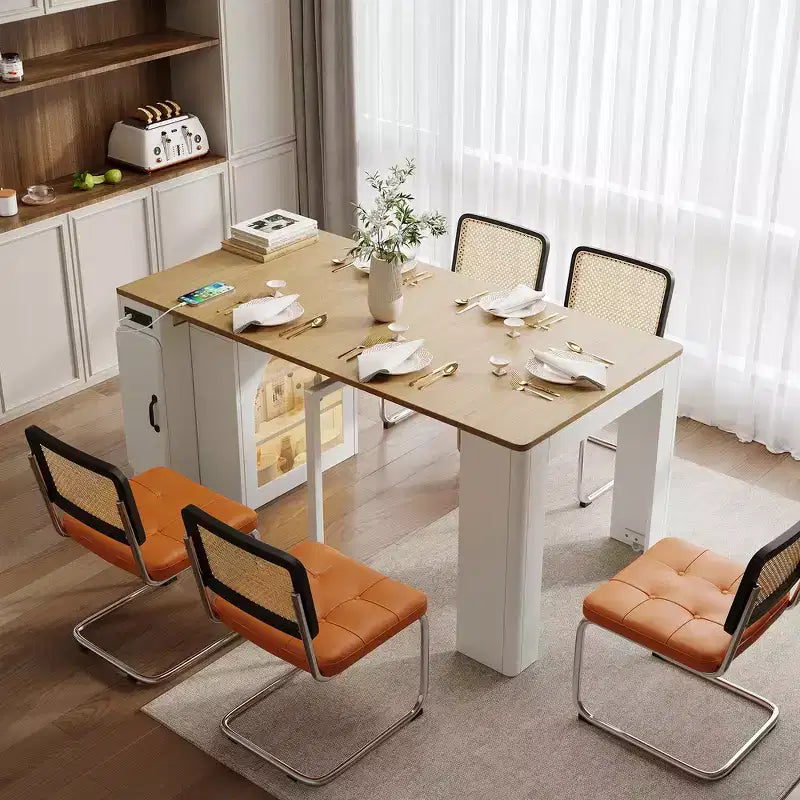 Whisen Extendable Dining Table, Mobile Rolling Island Table with 3 Removable Middle Leaves, Storage Cabinet