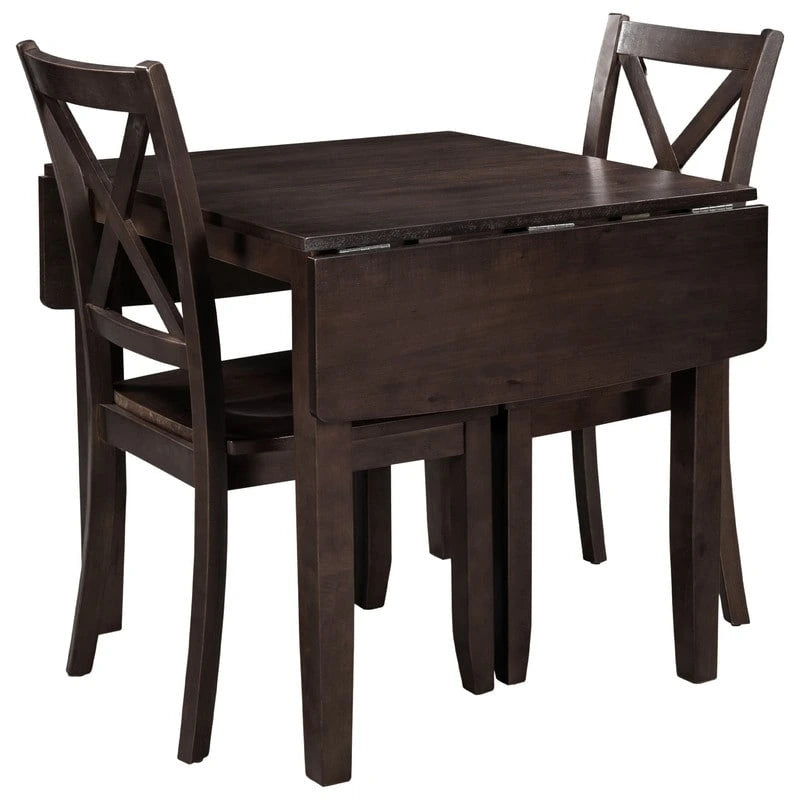3-Piece Wood Drop Leaf Breakfast Nook Dining Table Set with 2 X-back Chairs for Small Places