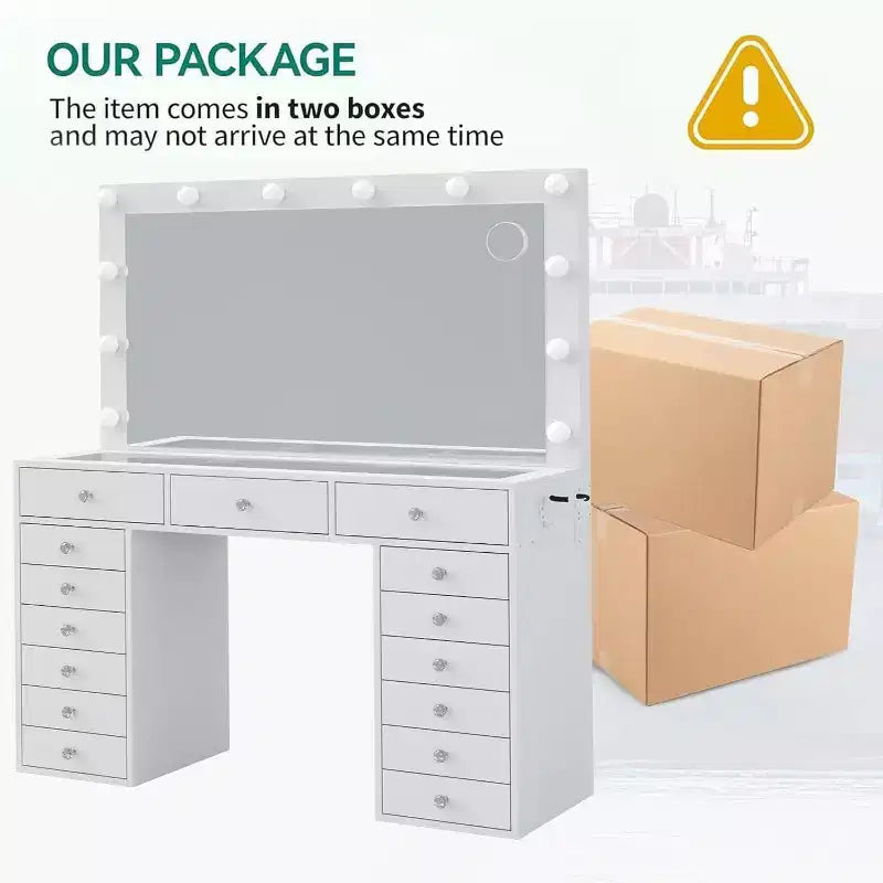BALHAM TRADE-15 Drawers Vanity 3 Color Modes Adjustable Brightness Glass Top Vanity Desk with Stool