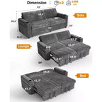 Dyonery 91 Sectional Sleeper Sofa Bed with Pull Out Bed,Reclining Backrest/Two Pull Out Beds/USB Ports/Cup Holders, Plush Corduroy