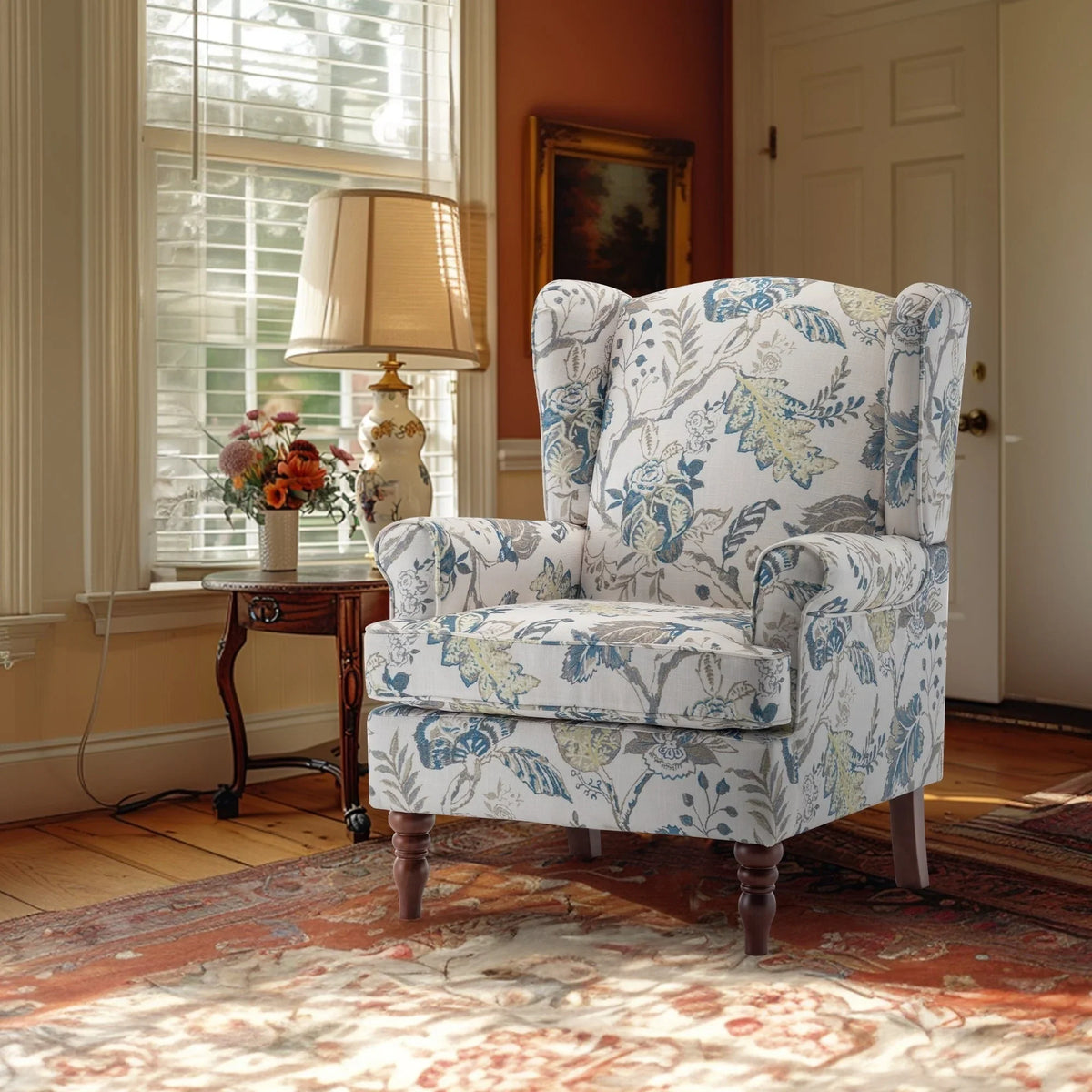 Erommy Modern Accent Chair, High Back Armchair, Upholstered Fabric Button Single Sofa with Wooden Legs for Living Room