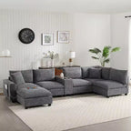 Clihome 140 Oversized Modular Sectional Sofa with Movable Storage Ottoman,Cup Holder,Wide Seat,USB Charger,6 Seat U Shaped Corduroy Couch