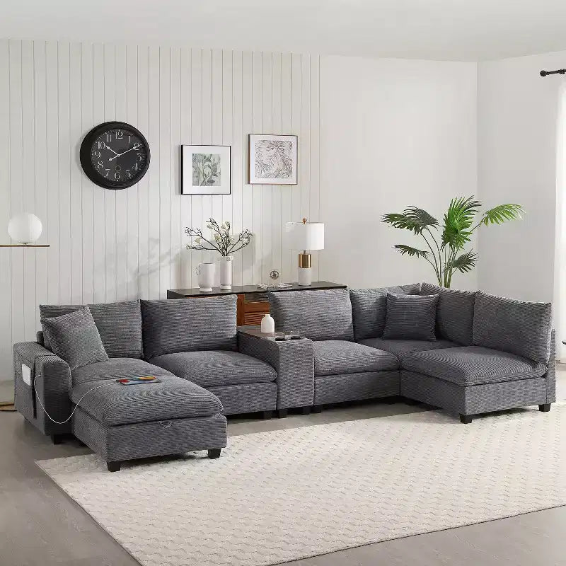 Clihome 140 Oversized Modular Sectional Sofa with Movable Storage Ottoman,Cup Holder,Wide Seat,USB Charger,6 Seat U Shaped Corduroy Couch