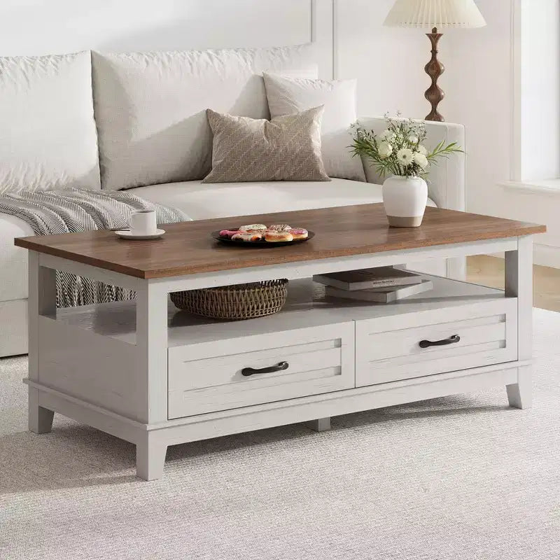 Farmhouse Coffee Table with Drawers, 47.2 Center Table Rustic Coffee Tables Brown Living Room Table, with Open Shelf and 6 Support Legs