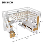 Full Size Loft Bed with Stairs and Desk, Wood Loft Beds Frame with Storage Drawers and Bookcase Shelves for Adults Teens Kids