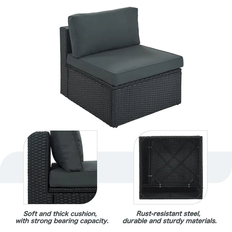Modern 7-Piece Outdoor Wicker Sofa Set with Coffee Table, Cushions, and Striped Pillows, Suitable for Patio, Garden, Deck