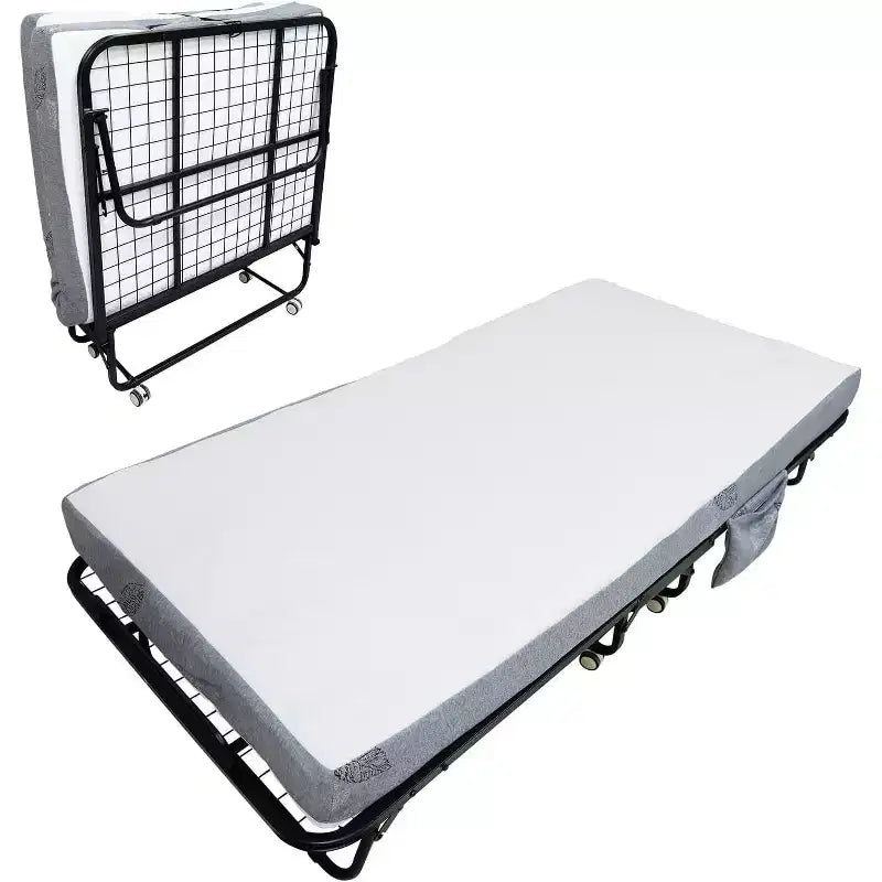 Folding Bed with Mattress for Adults,Portable Rollaway Guest Beds , Foldable Metal Frame Bed with 5 Memory Foam Mattress & Side Storage Pocket