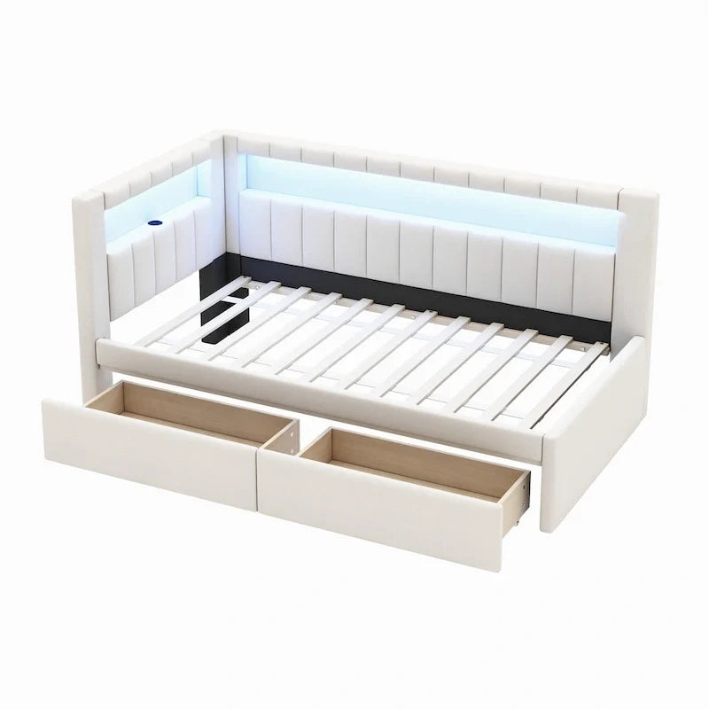 Upholstered Platform Bed with USB Ports & LED Lighting - Full/Twin Size Bed Frame with 2 Storage Drawers - Modern Bedroom