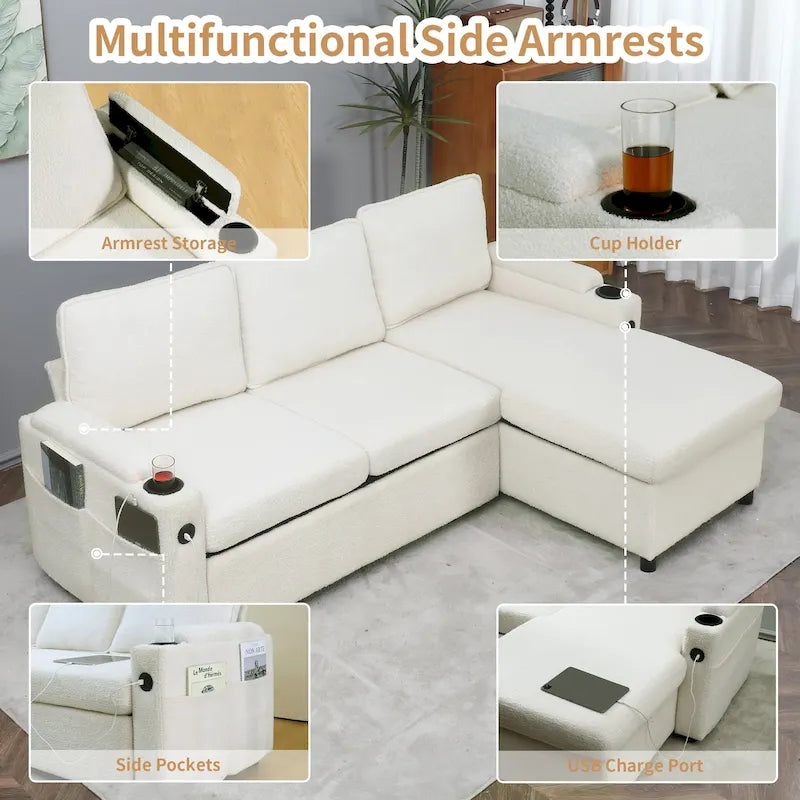 80 L-Shaped Sofa Couch Bed, Sofa Sleeper with Pull Out Bed, Reversible Sleeper Sofa Bed