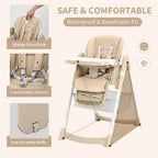 Foldable High Chair for Babies&Toddlers,PU Leather Highchair with Adjustable Backrest,Seat Height,Removable Tray,5-Point Safety Harness&Locking Wheels