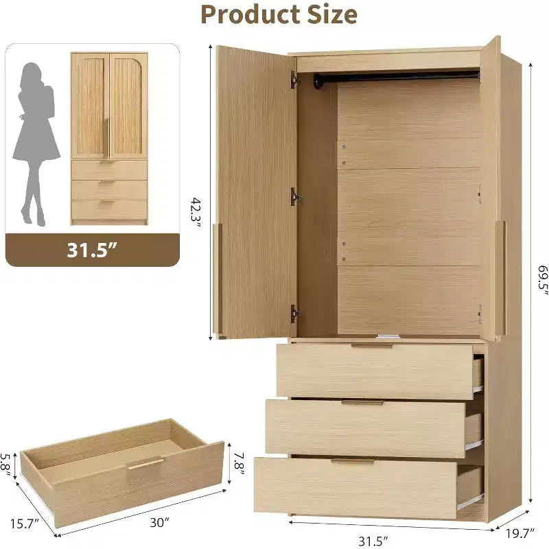 2-Door Wardrobe Cabinet with 3 Drawers & Hanging Rod