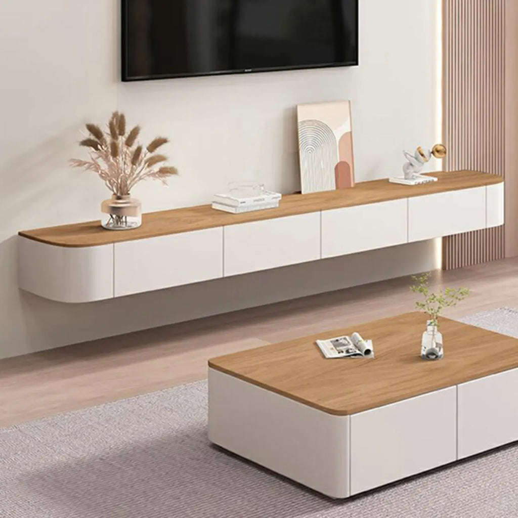 Contemporary Long White Wood Floating TV Stand with Drawers