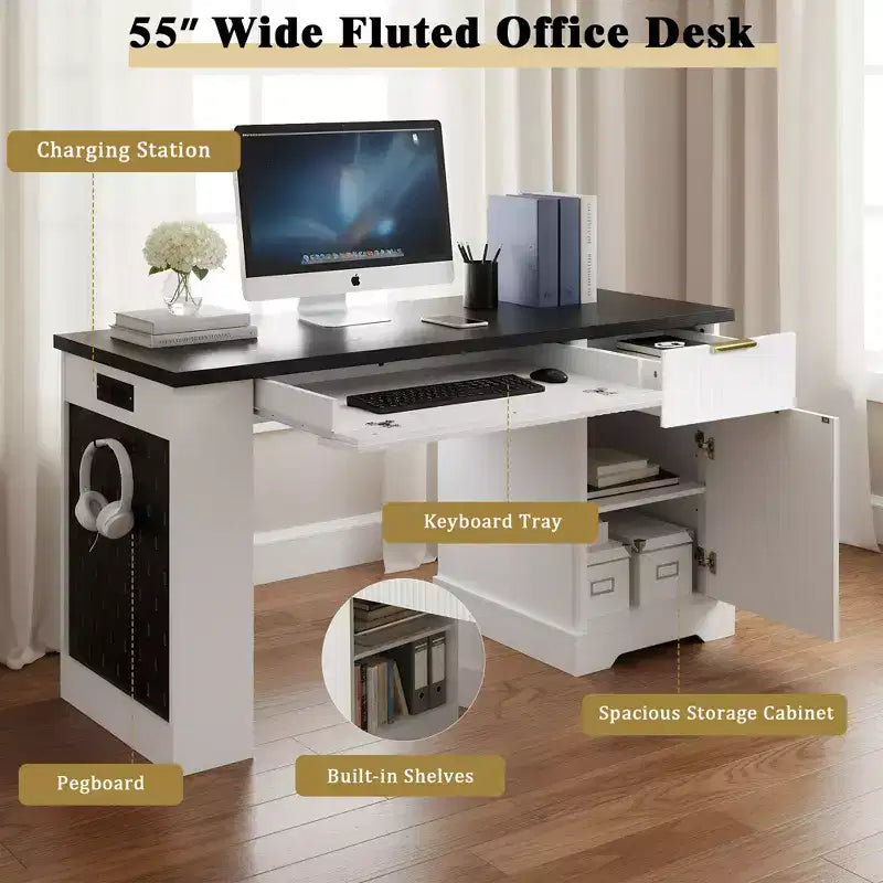 GDFStudio Haoran 55 Modern Fluted Office Desk with Power Outlet, Keyboard Tray, Door and Drawers
