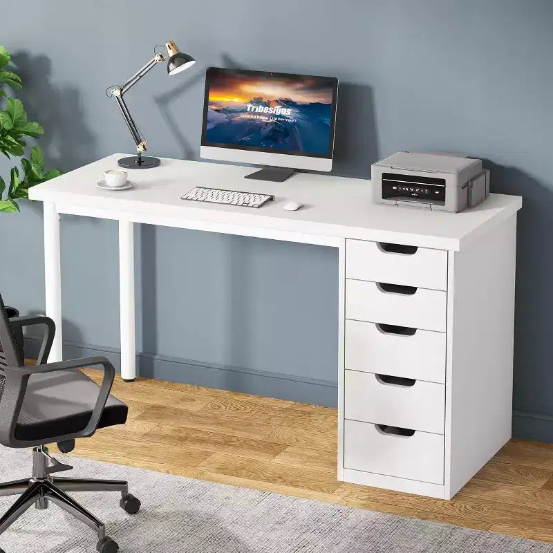 Lantine Computer Desk with 5 Drawers, 47 inches Modern Simple Home Office Desk Study Writing Table for Small Spaces