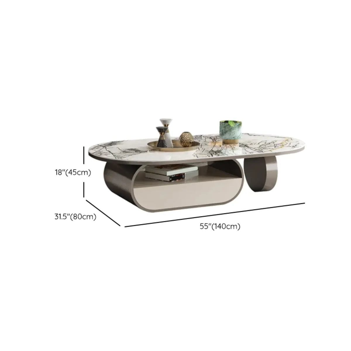 Contemporary Unique Marble Top Oval Coffee Table with Drawer