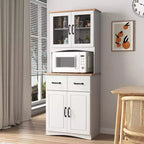 23 Wooden Kitchen Cabinet, Pantry Microwave Cabinet with Glass Doors and Drawers, Adjustable Shelves, White