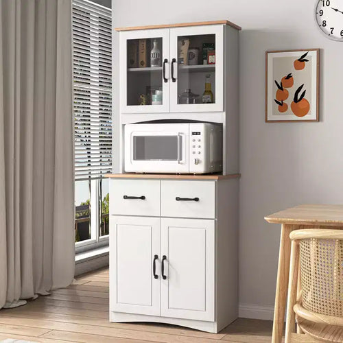 23 Wooden Kitchen Cabinet, Pantry Microwave Cabinet with Glass Doors and Drawers, Adjustable Shelves, White