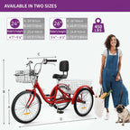 26 Blue Adult Tricycle 3 Wheel Bikes with Removable Baskets