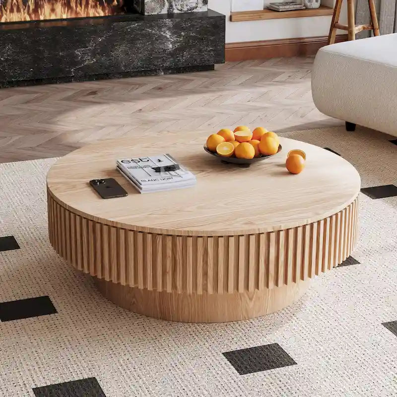 Modern Solid Wood Veneered Round Coffee Tea Table with Storage