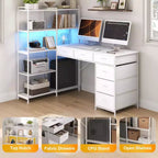 47 L-Shaped Computer Desk with 6 Drawers & 5-Tier Shelves, Reversible Corner Gaming Desk with LED Lights & Power Outlets