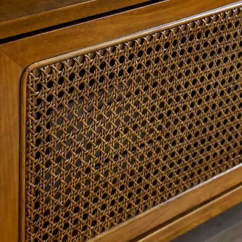 Vintage Rattan TV Cabinet with 2 Storage Cabinets and 4 Wooden Legs for Living Room Bedroom and Office