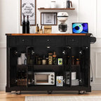Kitchen Island w/Drop Leaf, 3 Drawers & 5 Open Side Racks, Rolling Kitchen Cart w/ 2 Tempered Glass Cabinet Doors & Power Outlet