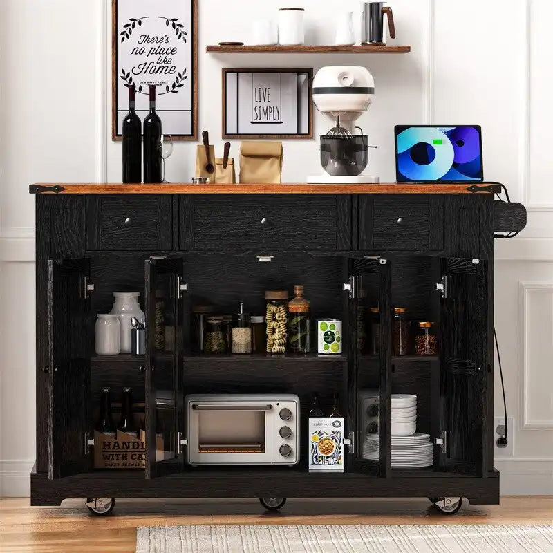 Kitchen Island w/Drop Leaf, 3 Drawers & 5 Open Side Racks, Rolling Kitchen Cart w/ 2 Tempered Glass Cabinet Doors & Power Outlet
