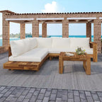 L-shape Sectional Sofa Set Patio Couch Set with Table, Wooden Lounge Chaise Sofa Outdoor 4-piece Conversation Sets