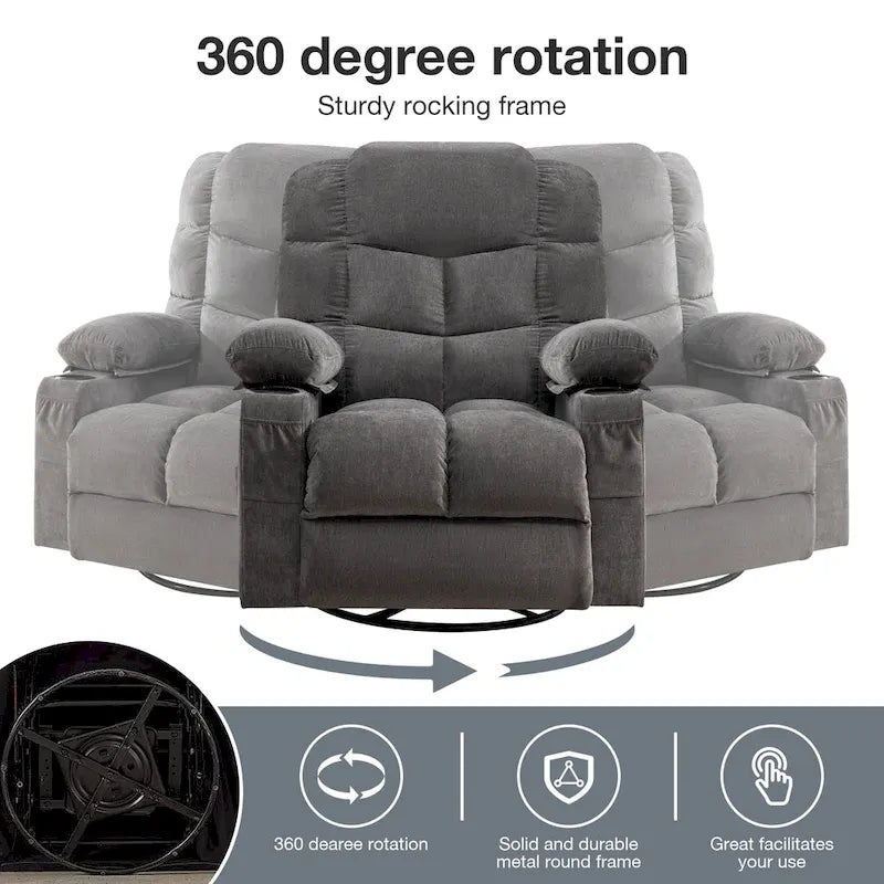 Grey Oversized Recliner with Heat and Massage, 150 Recline, 30 Rocking, USB Charging, and 2 Cup Holders