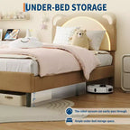 Cute Kids Bed Frame - Adjustable adorable bear design, suede upholstery, storage drawers, solid wood slats, quiet design, easy to assemble.