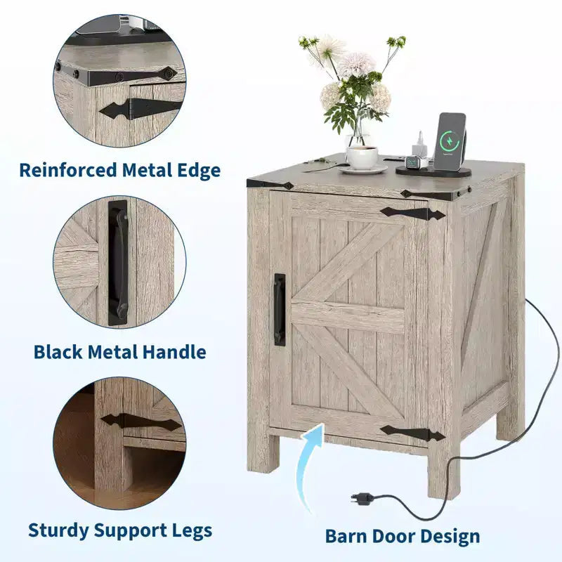 2Pcs Farmhouse Nightstand with Charging Station, Rustic Barn Door Bedside Table with Adjustable Shelf, Small End Table for Bedroom and Living Room