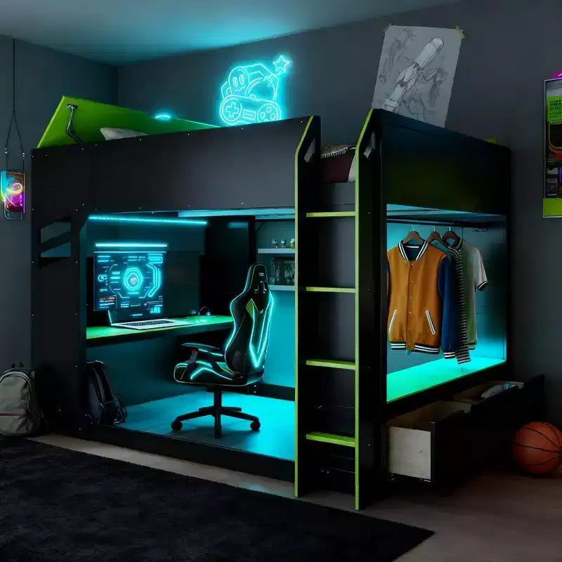 Loft Bed with Height-Adjustable Desk, RGB Lights and Storage, Full Size Space-Saving Bed for Teens & Adults