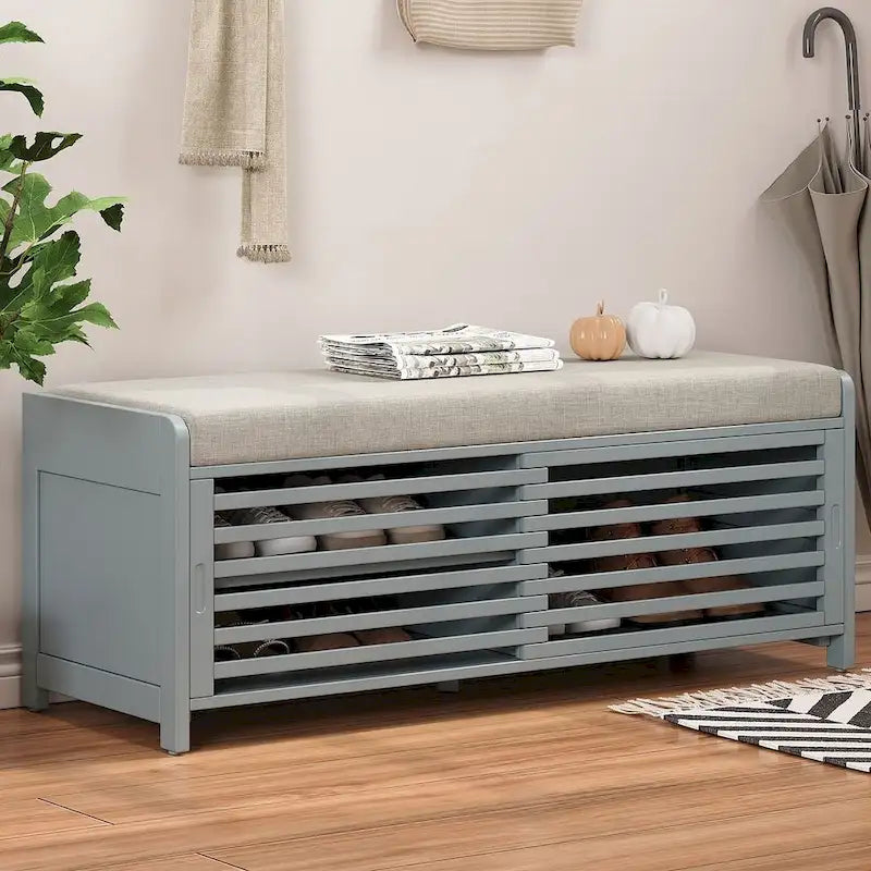 43.30 Solid Wood Storage Bench with Contemporary Distressed Blinds