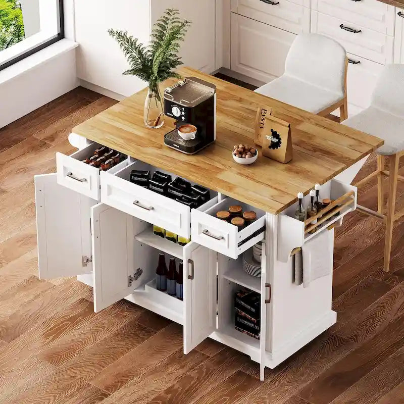 Large Kitchen Island with Wood Drop Leaf, Embossed Texture Rolling Kitchen Cart wDoors and Drawers wStorage for Kitchen, White