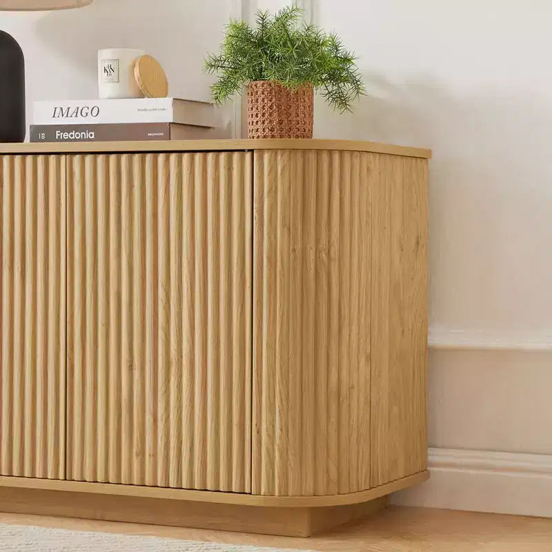 JVNOXK Sideboard Storage Cabinet TV Stand with wave pattern Buffet Cabinet Wooden Vertical Striped Cabinet for Kitchen/Bedroom/Entryway. Natural
