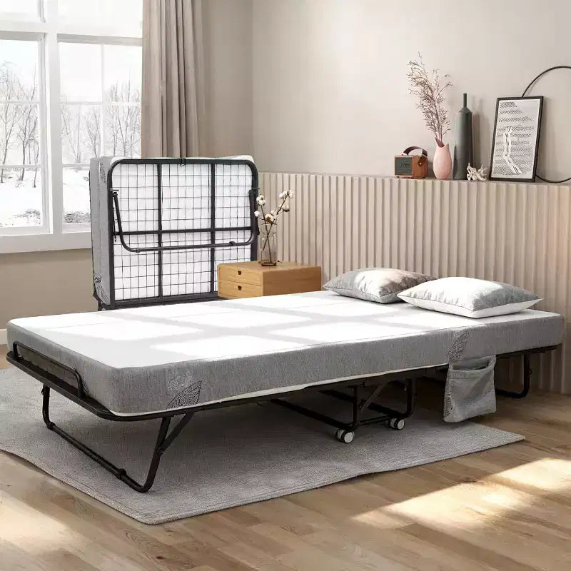 Folding Bed with Mattress for Adults,Portable Rollaway Guest Beds , Foldable Metal Frame Bed with 5 Memory Foam Mattress & Side Storage Pocket