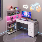 47 L-Shaped Computer Desk with 6 Drawers & 5-Tier Shelves, Reversible Corner Gaming Desk with LED Lights & Power Outlets