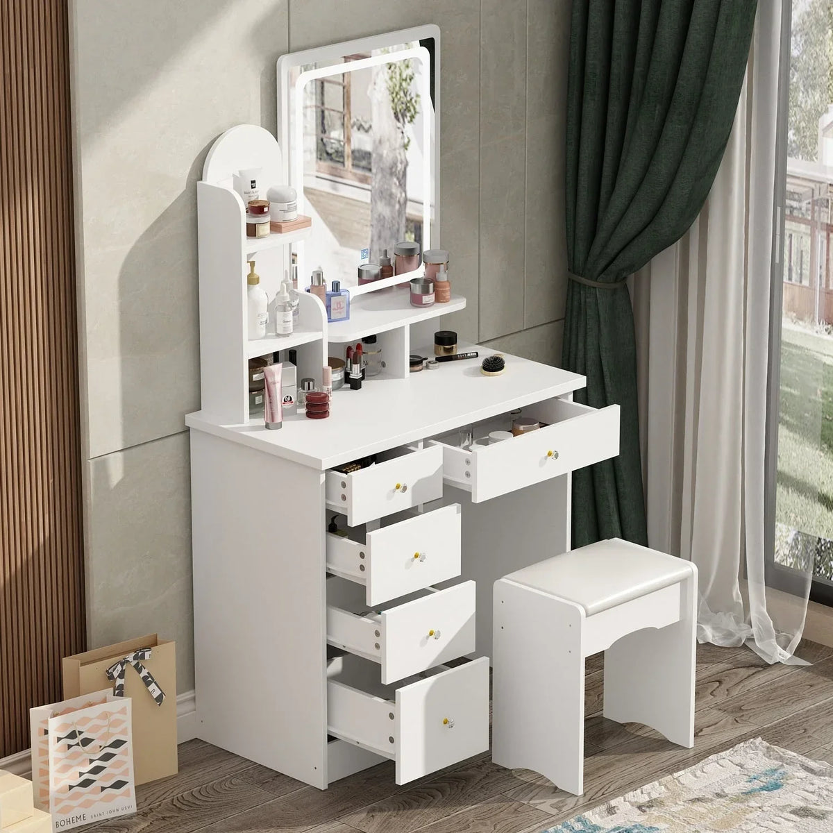 Makeup Vanity Set Table With LED Light &Mirror & Stool